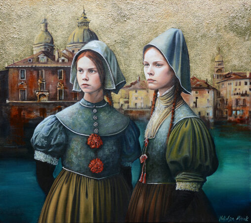 Two seventeenth-century Venetian women in the harbor look into the distance at the departing ship. Oil on canvas.